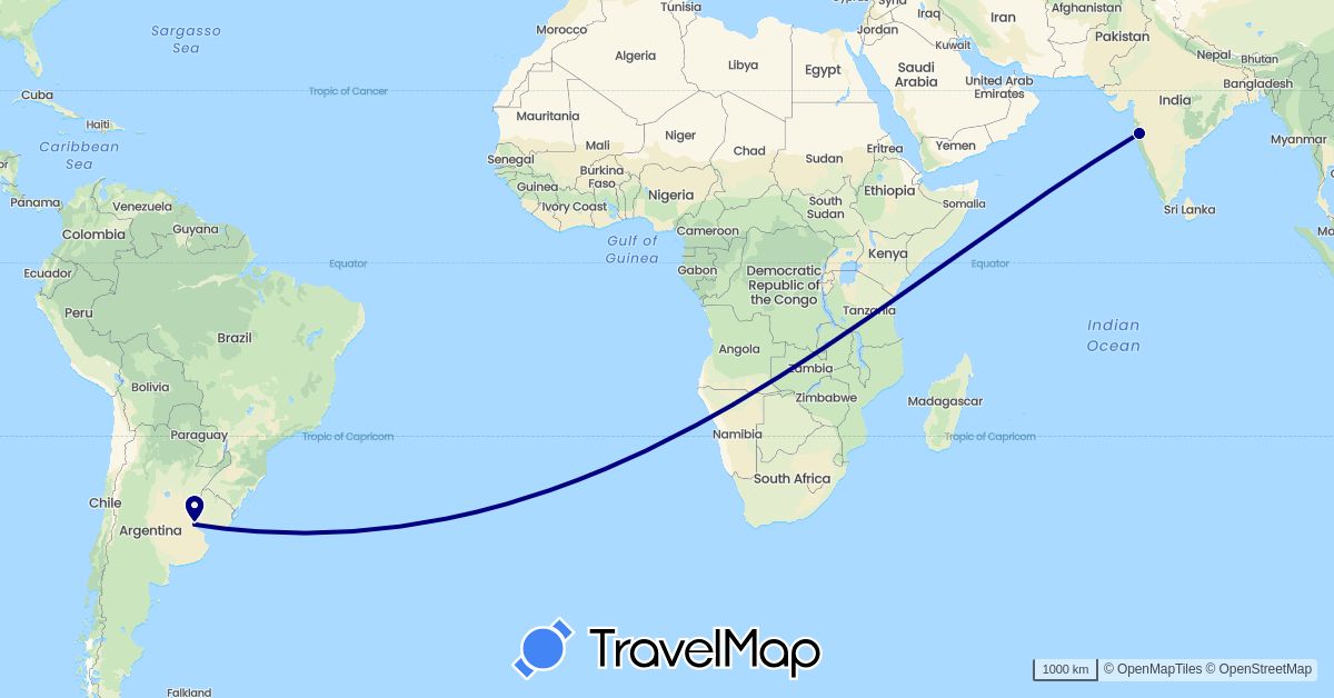 TravelMap itinerary: driving in Argentina, India (Asia, South America)